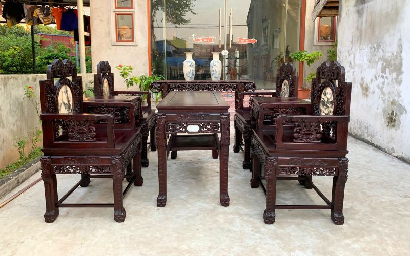 Bộ ghế vách ô đá gỗ gụ