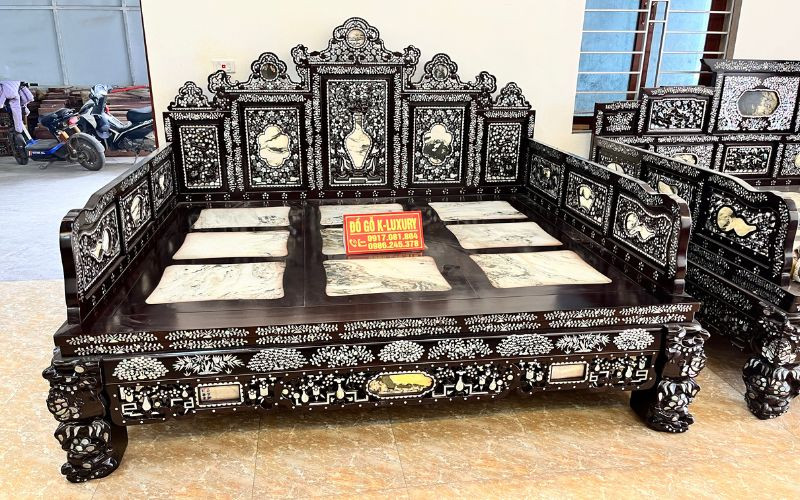 Giường đại sơn gỗ gụ khảm ốc
